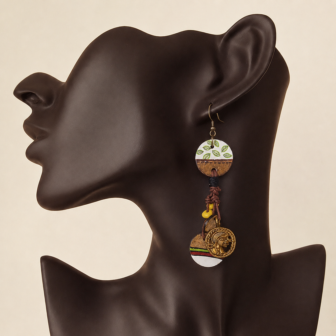 Boho Chic: Hanging Brass Wooden Earrings with Leaf Designs