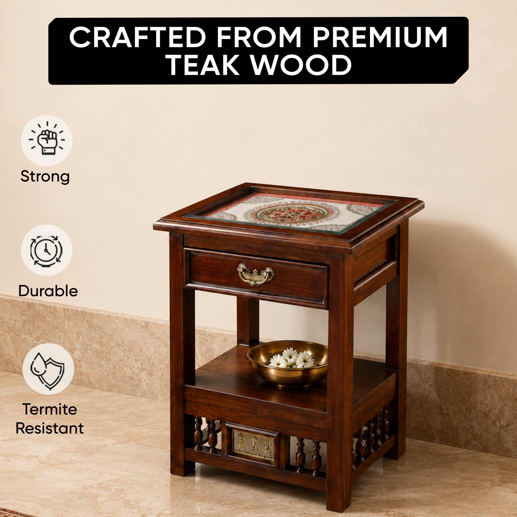 Myra-I Side Table in Teakwood with Walnut Matte Finish, with Drawer (18x15x24)