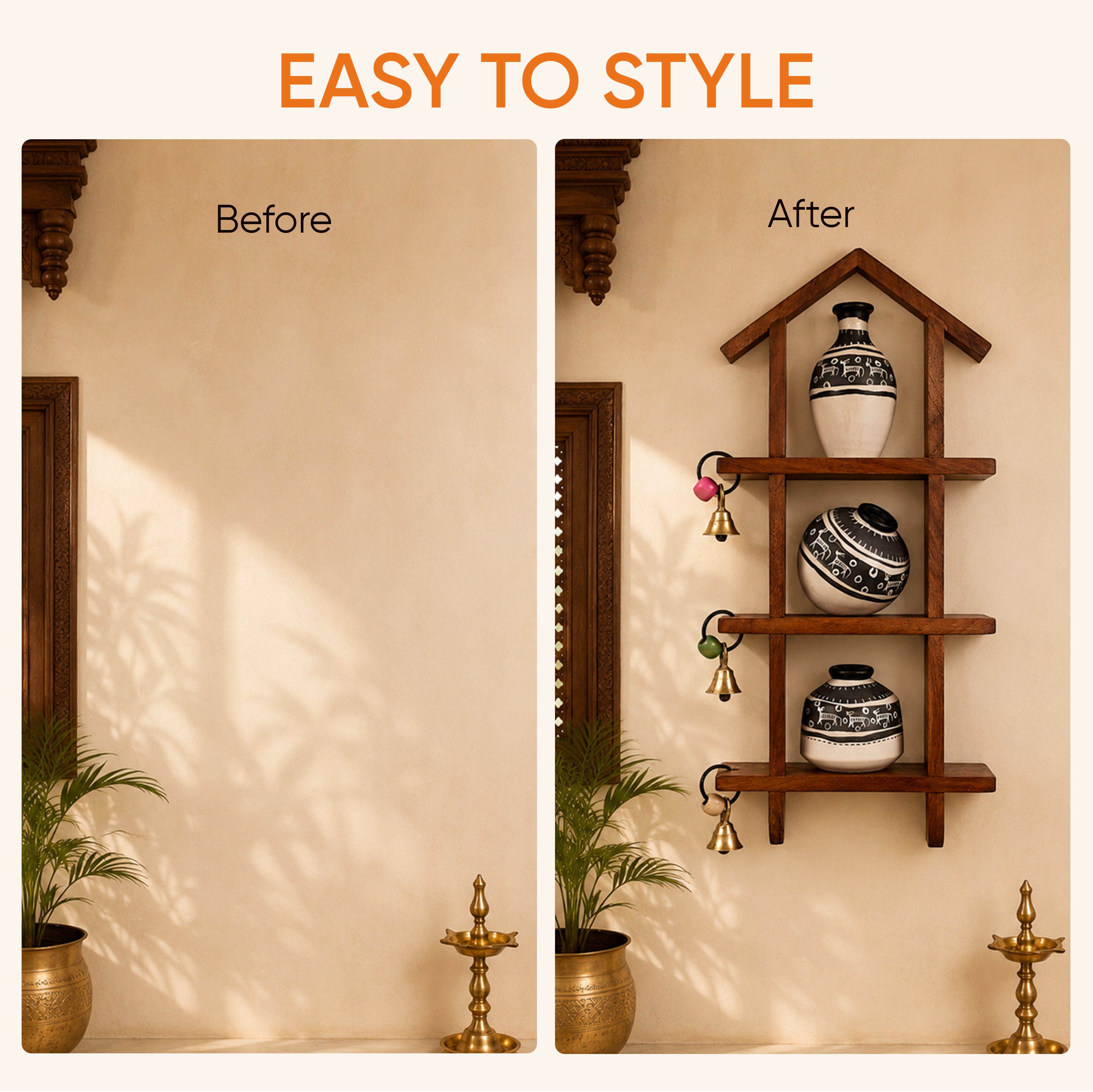 Wall Decor Ladder & 3 Handcrafted Warli White Pots (6x2x13)