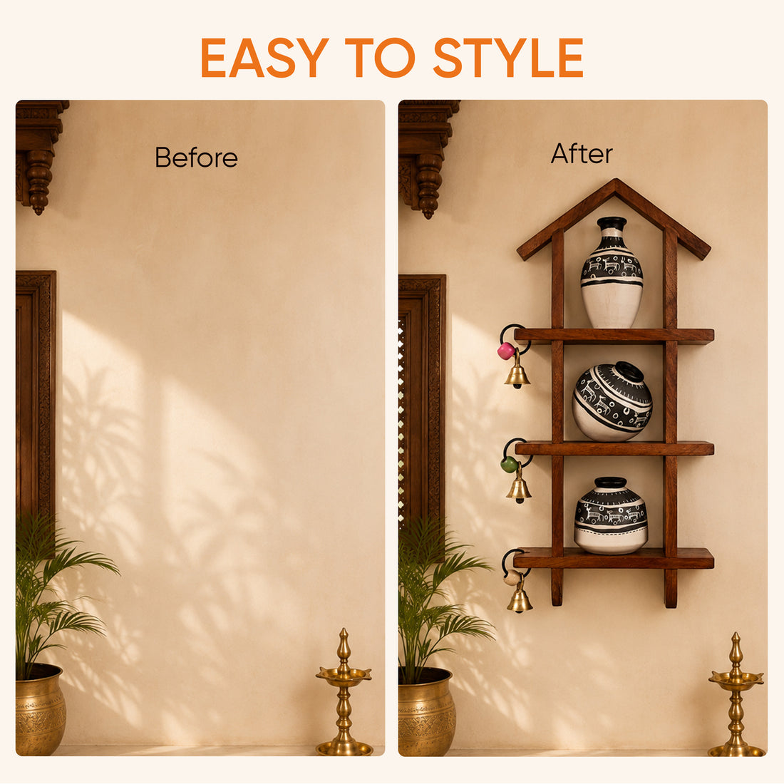 Wall Decor Ladder & 3 Handcrafted Warli White Pots (6x2x13)