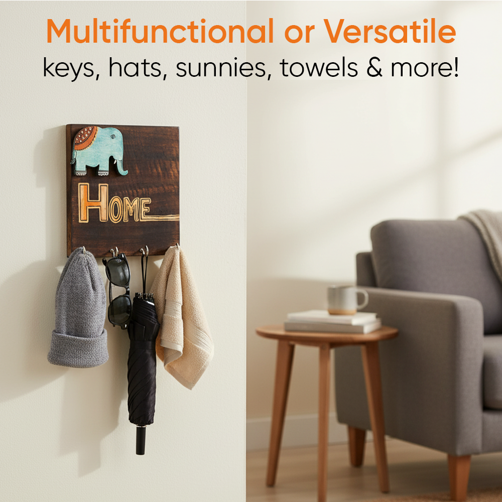 Hola Wooden Key Holder with Hand Painted Elephant and HOME Design, Wall Mounted Key Organizer for Homedecor