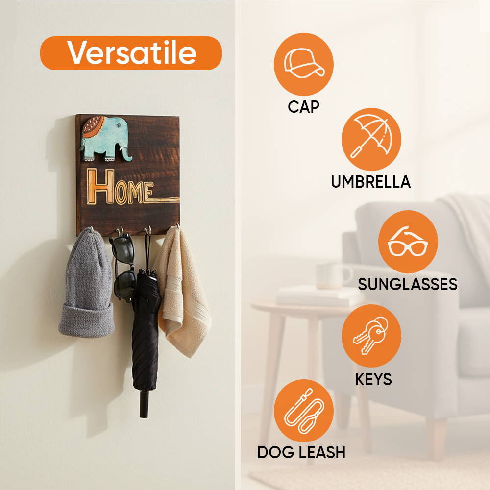 Hola Wooden Key Holder with Hand Painted Elephant and HOME Design, Wall Mounted Key Organizer for Homedecor