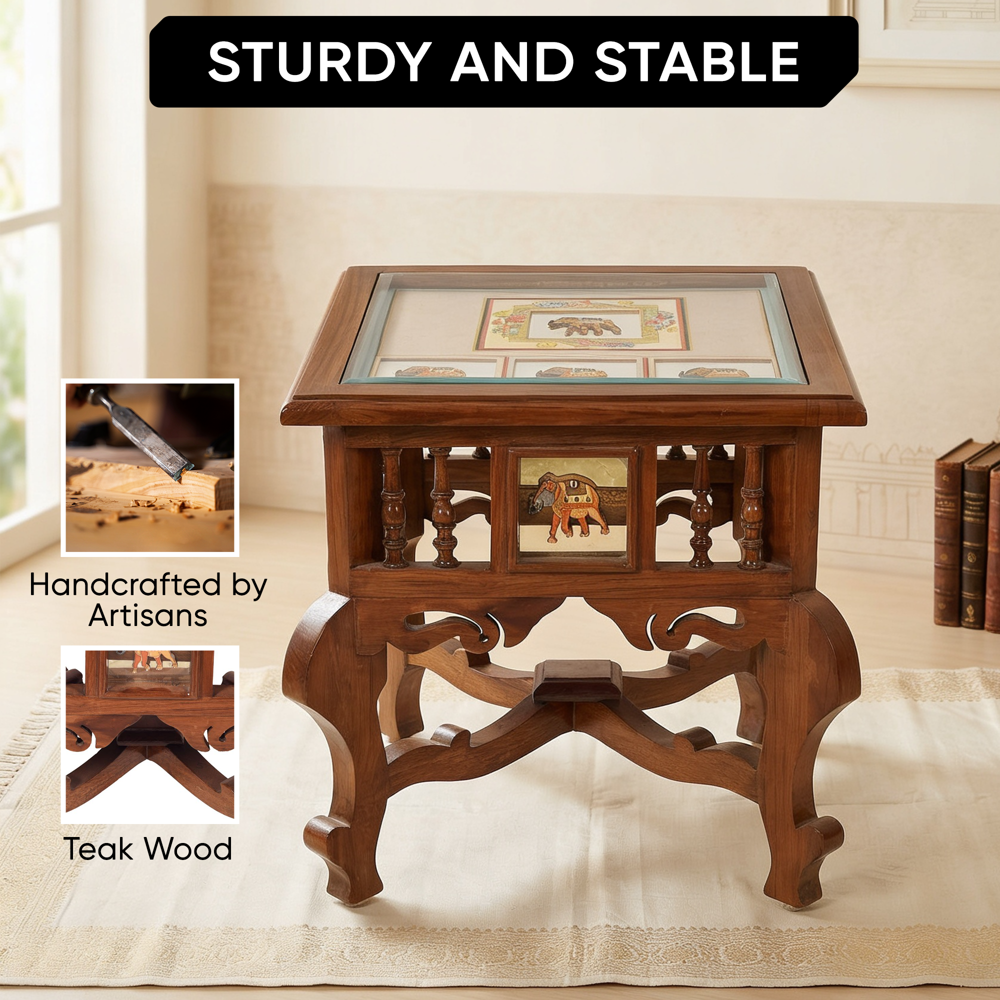Mahi-I Bedside Table with Oriental Legs in Teakwood with Walnut Matte Finish