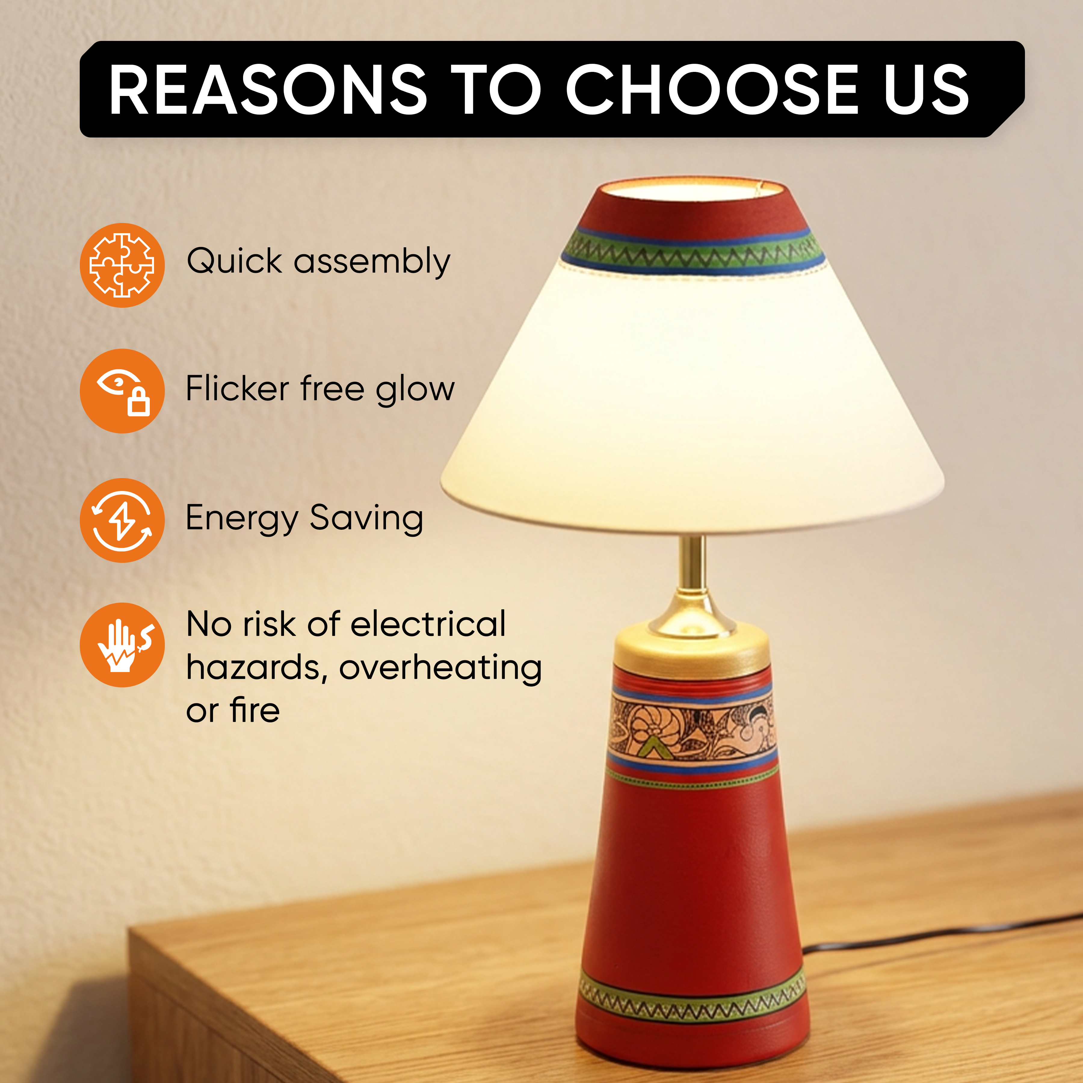 Table Lamp Red Earthen Handcrafted with White Shade (13x4.7")