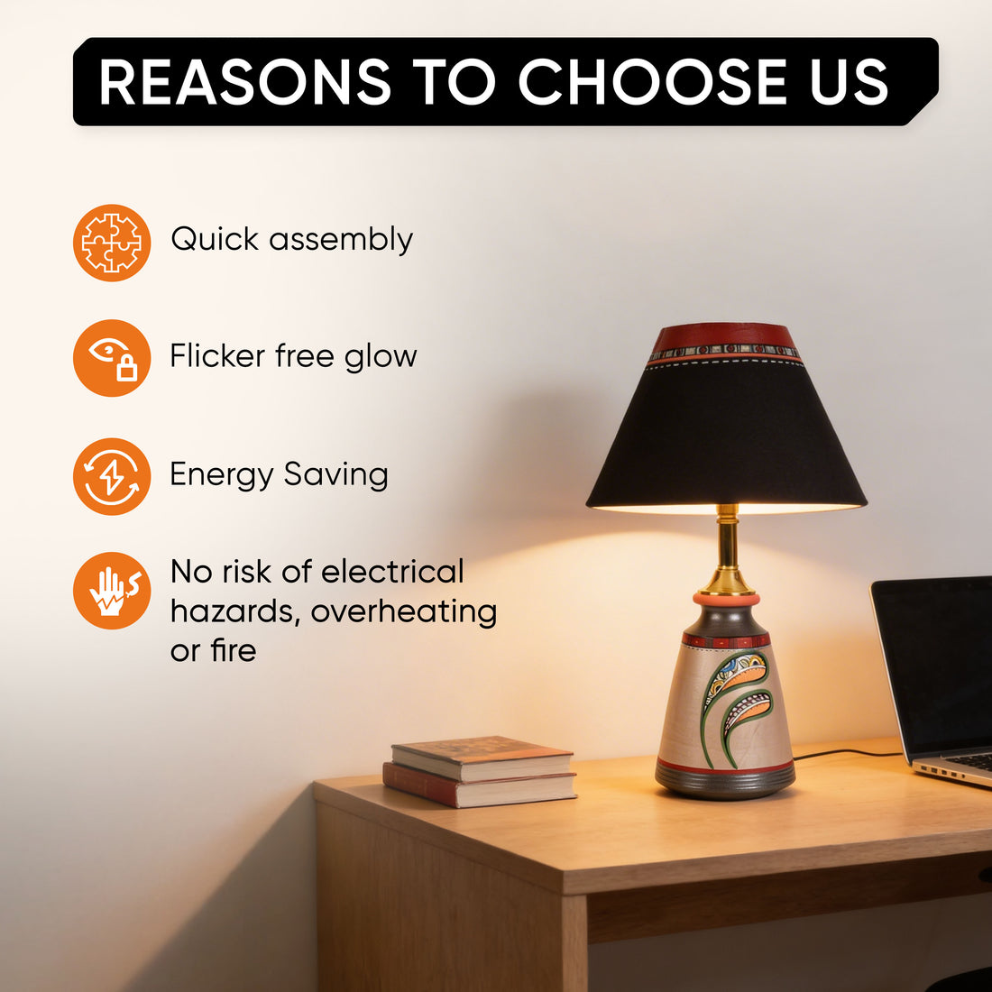 Pearly Leaf Earthen Lamp with Black Shade (16x4.1")