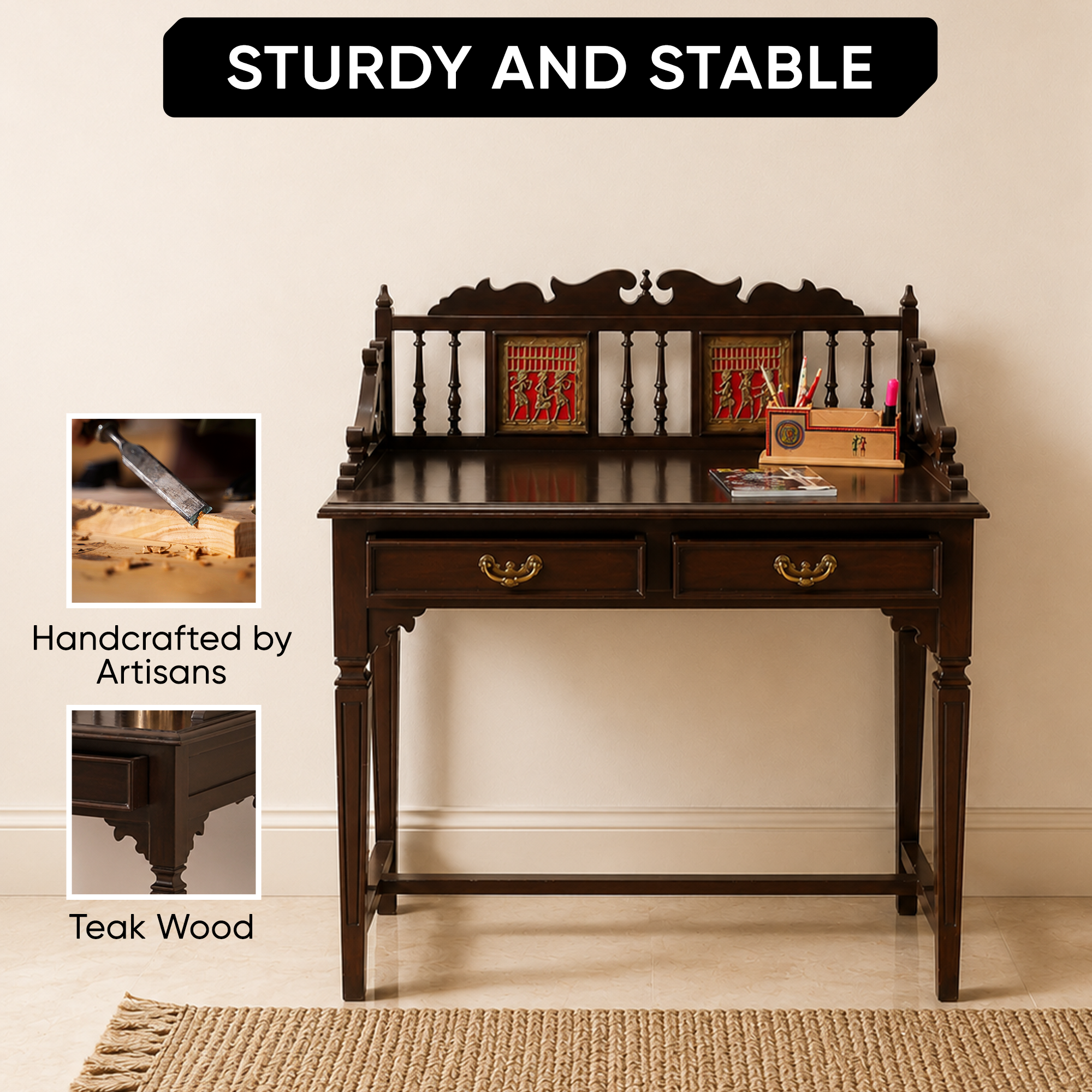 Ojasa Study Table in Teakwood with Walnut Finish (36x18x40)