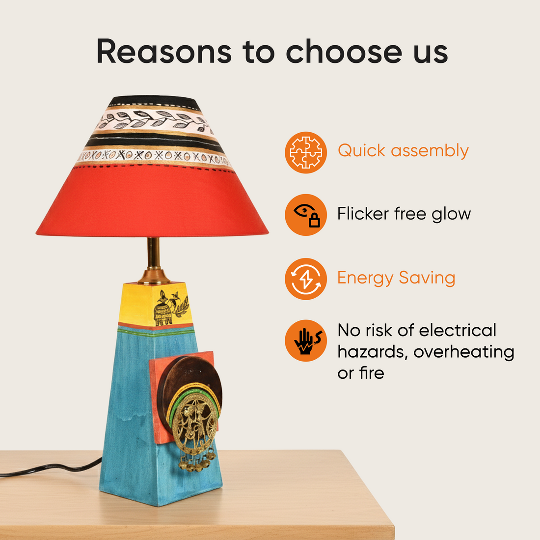 Turquoise Blue Lamp Embellished with Dhokra Brass Tiles & Red Shade