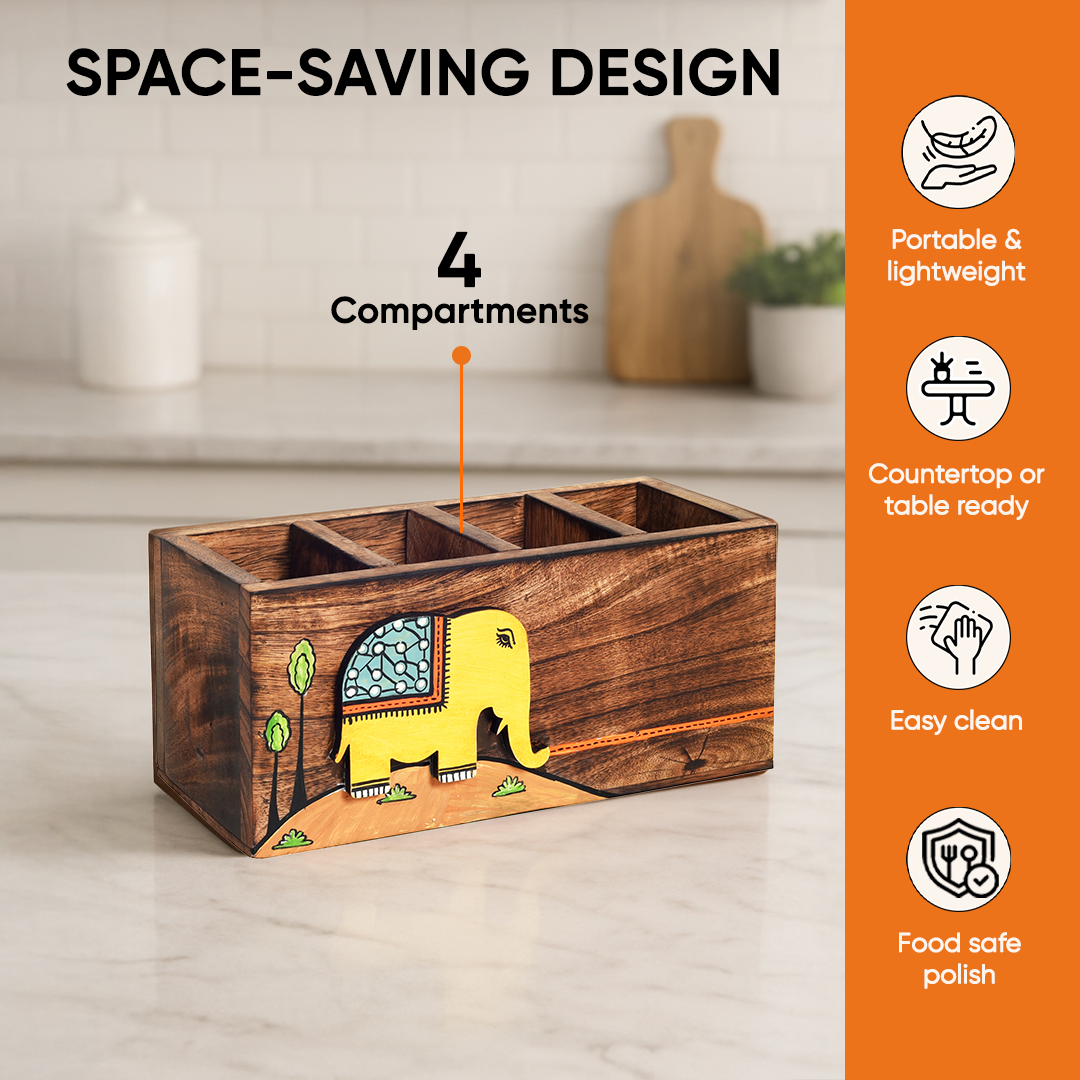Hola Hand Painted Wooden Cutlery Holder, Artisan Organizer for Dining Table and Kitchen
