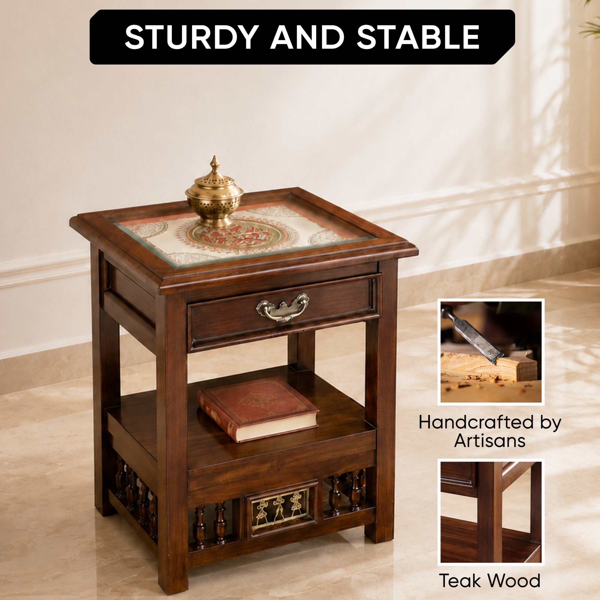 Myra-I Side Table in Teakwood with Walnut Matte Finish, with Drawer (18x15x24)