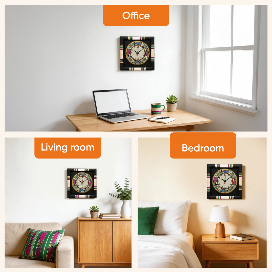 Wall Clock Handcrafted Warli Art Black Dial with Glass Frame (10x10)