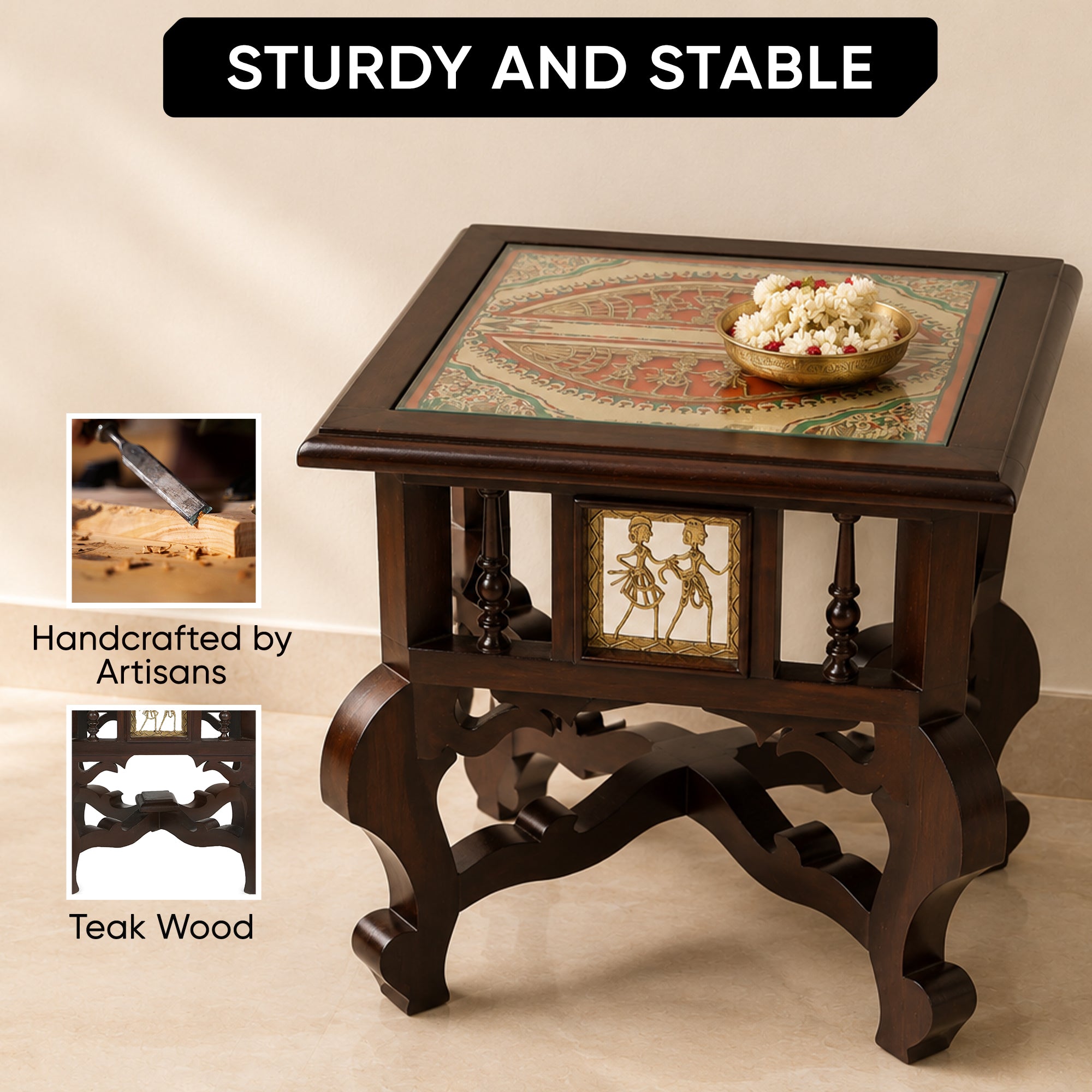Munich Bedside Table with Oriental Legs in Teakwood with Walnut Finish (16x16x16)