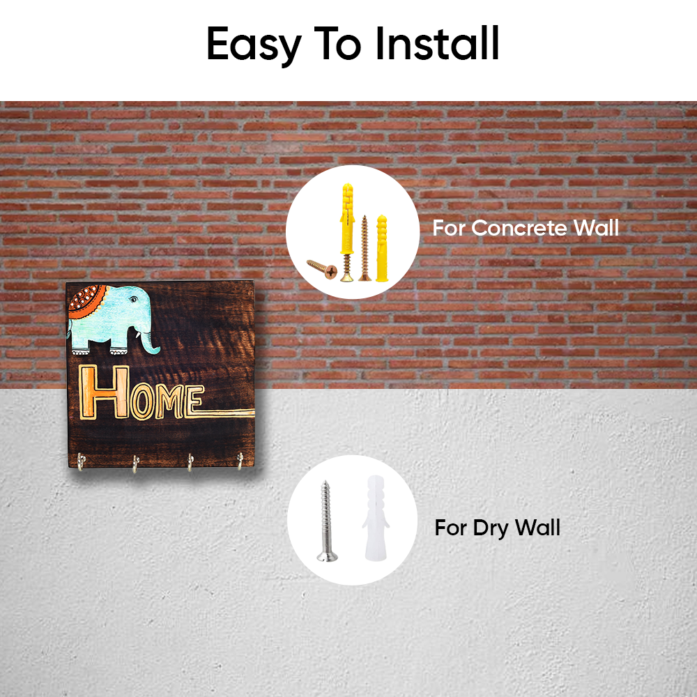 Hola Wooden Key Holder with Hand Painted Elephant and HOME Design, Wall Mounted Key Organizer for Homedecor