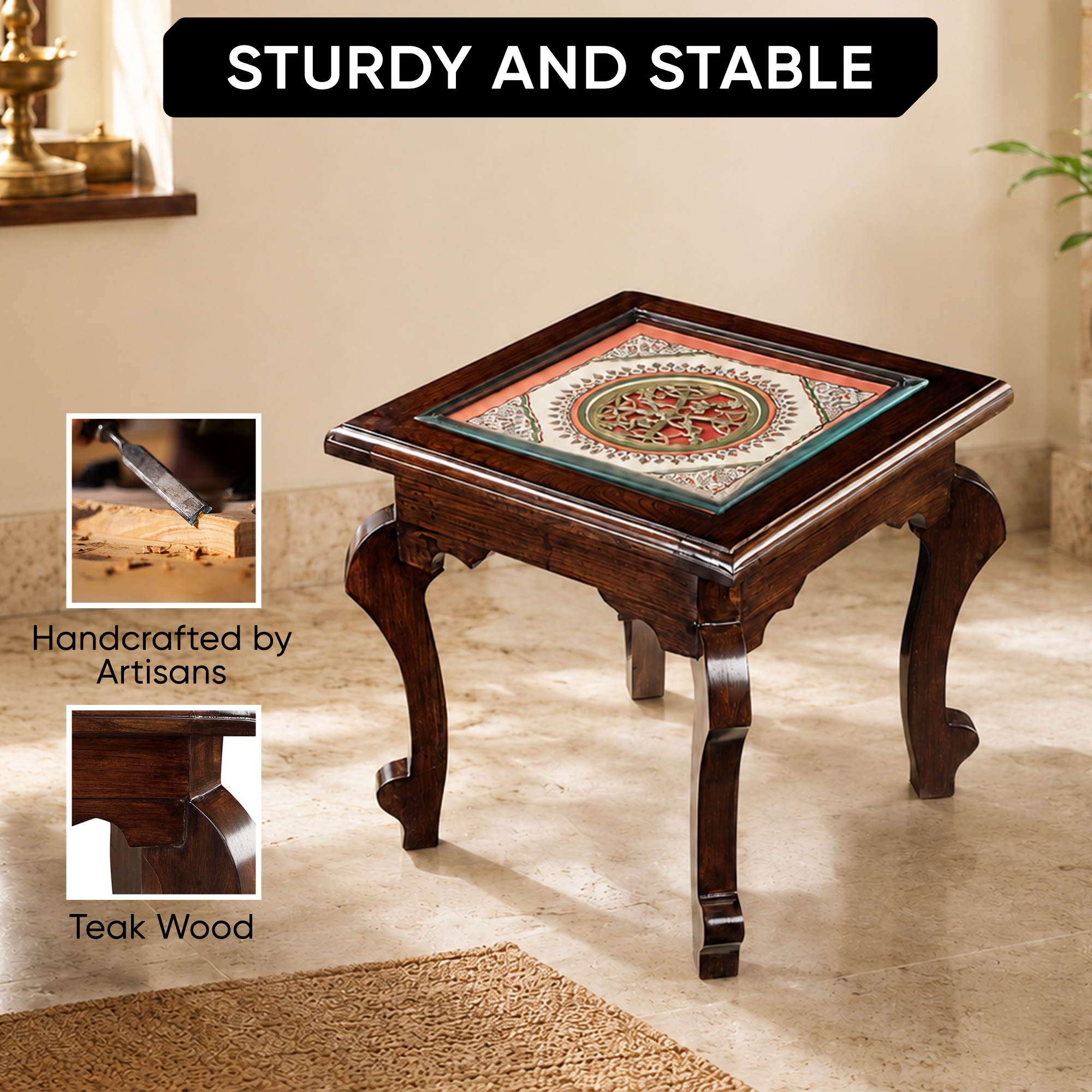 Munich-I Bedside Table with Oriental Legs in Teakwood with Walnut Matte Finish (16x16x16)