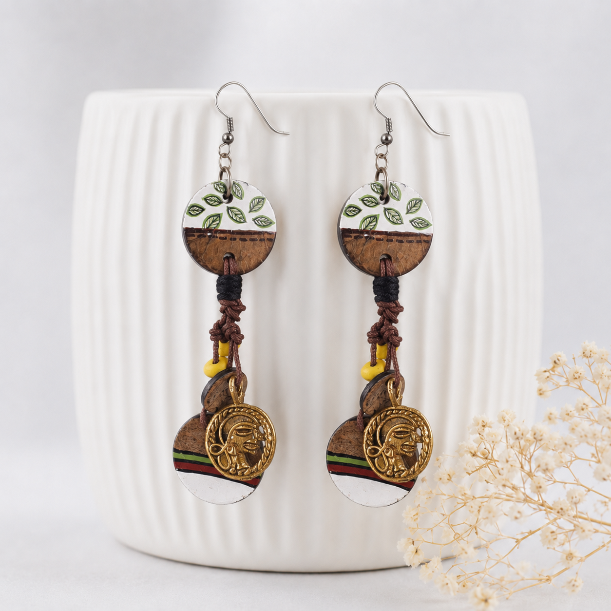 Boho Chic: Hanging Brass Wooden Earrings with Leaf Designs