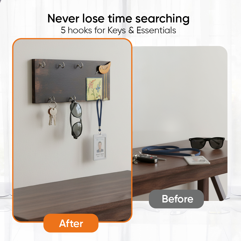 Rio Hand Painted Wooden Key Holder, Horizontal Wall Mounted Key Hanger with Bird and Floral Art for Entryway and Homedecor