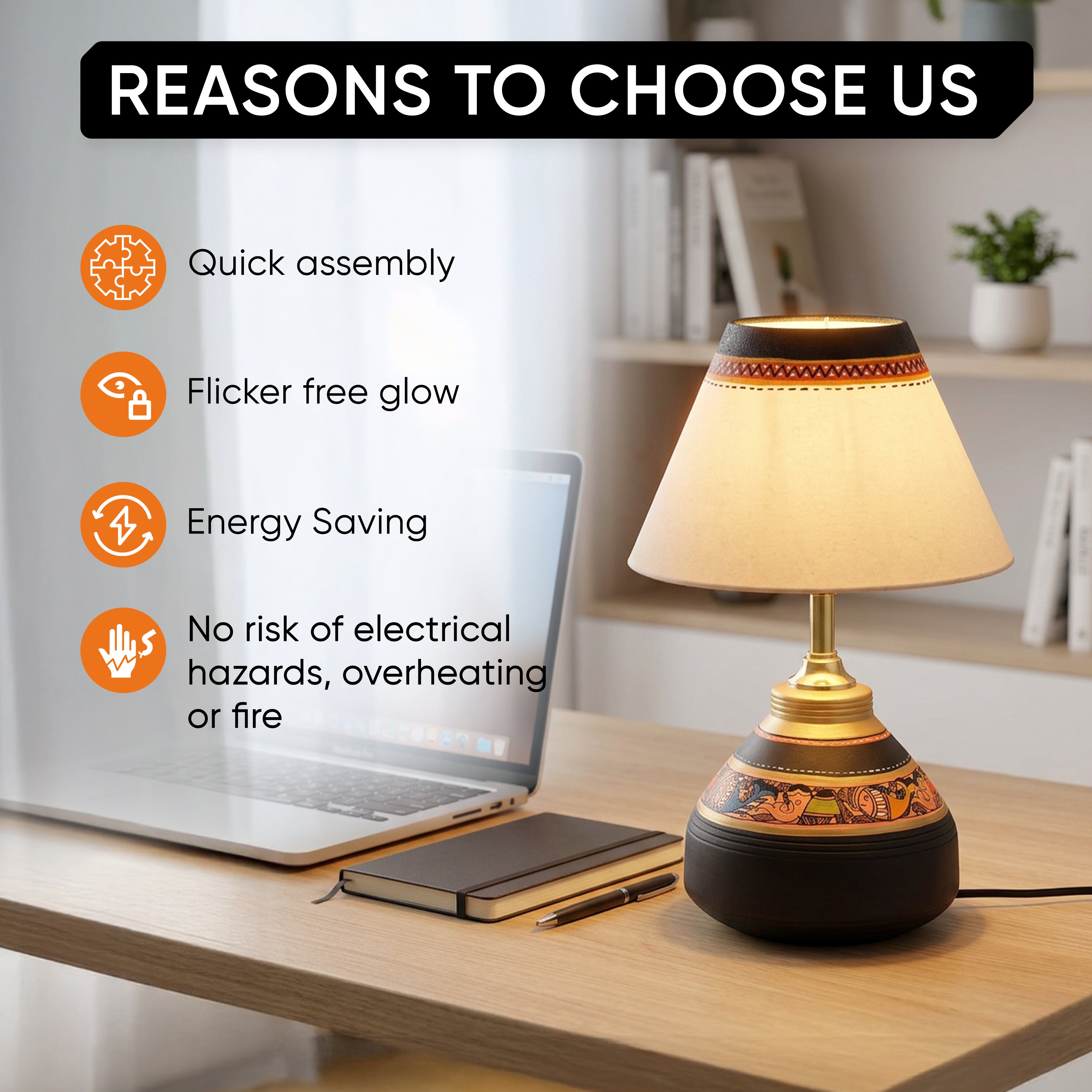 Table Lamp Black Earthen Handcrafted with White Shade (9.5x6")