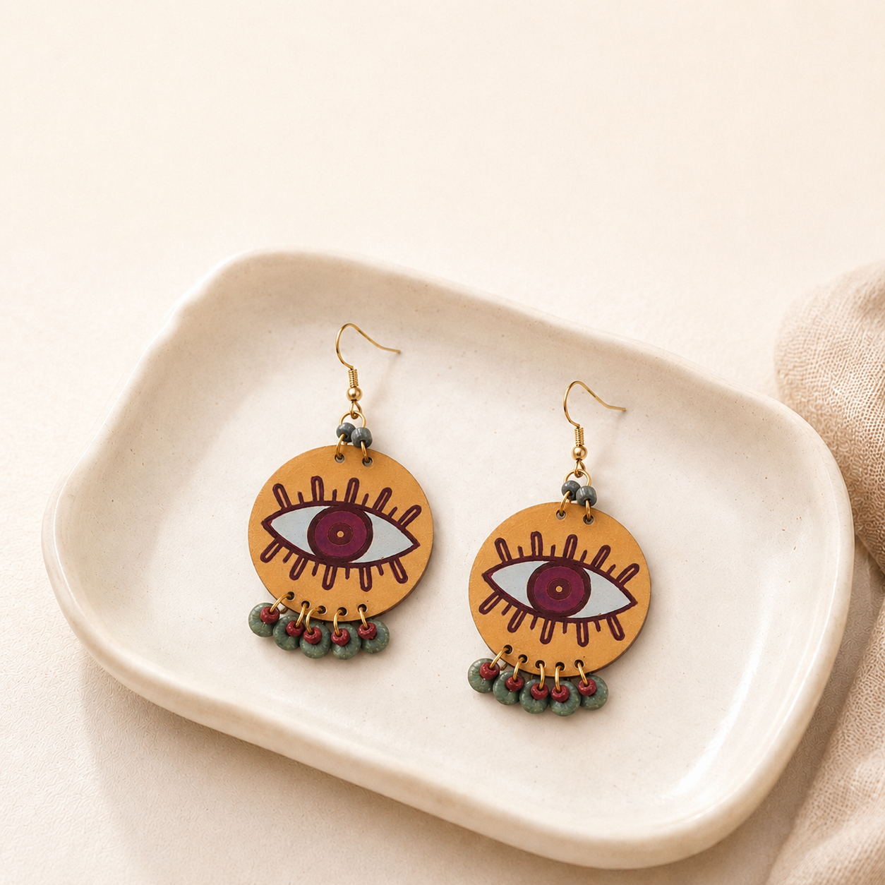 Evil Eye-I' Handcrafted Tribal Wooden Earrings