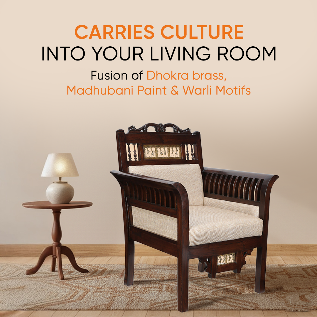 Maharaja Single Seater Sofa in Teakwood with Walnut Finish adorned with Dhokra Brass Frames (30x26x38)