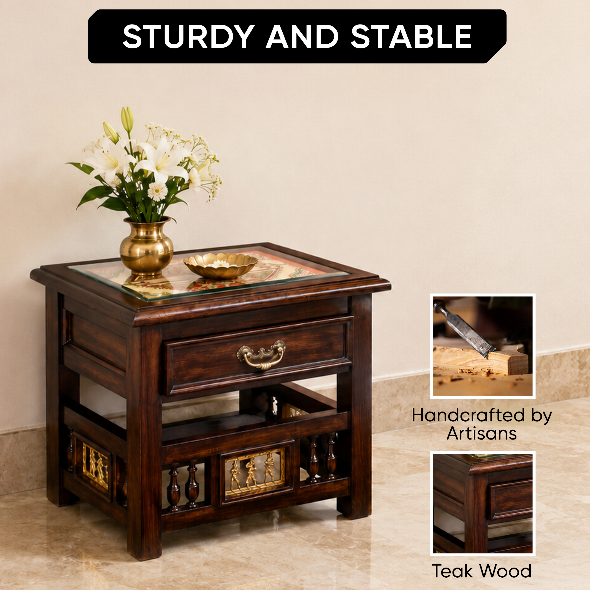 Myra Side Table in Teakwood with Walnut Finish, with Drawer (18x15x17)