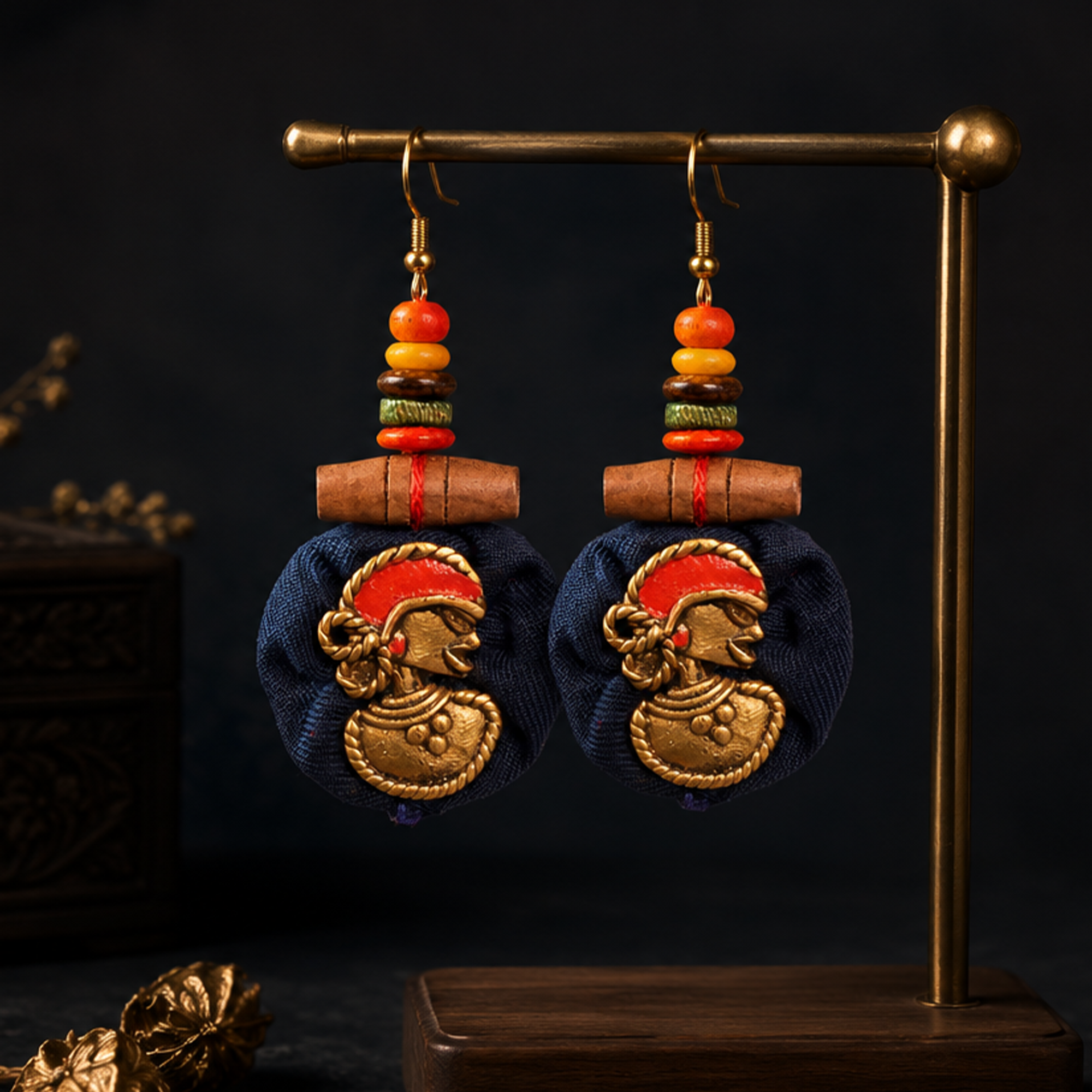 The Royal Empress Handcrafted Tribal Dhokra Round Earrings in Blue