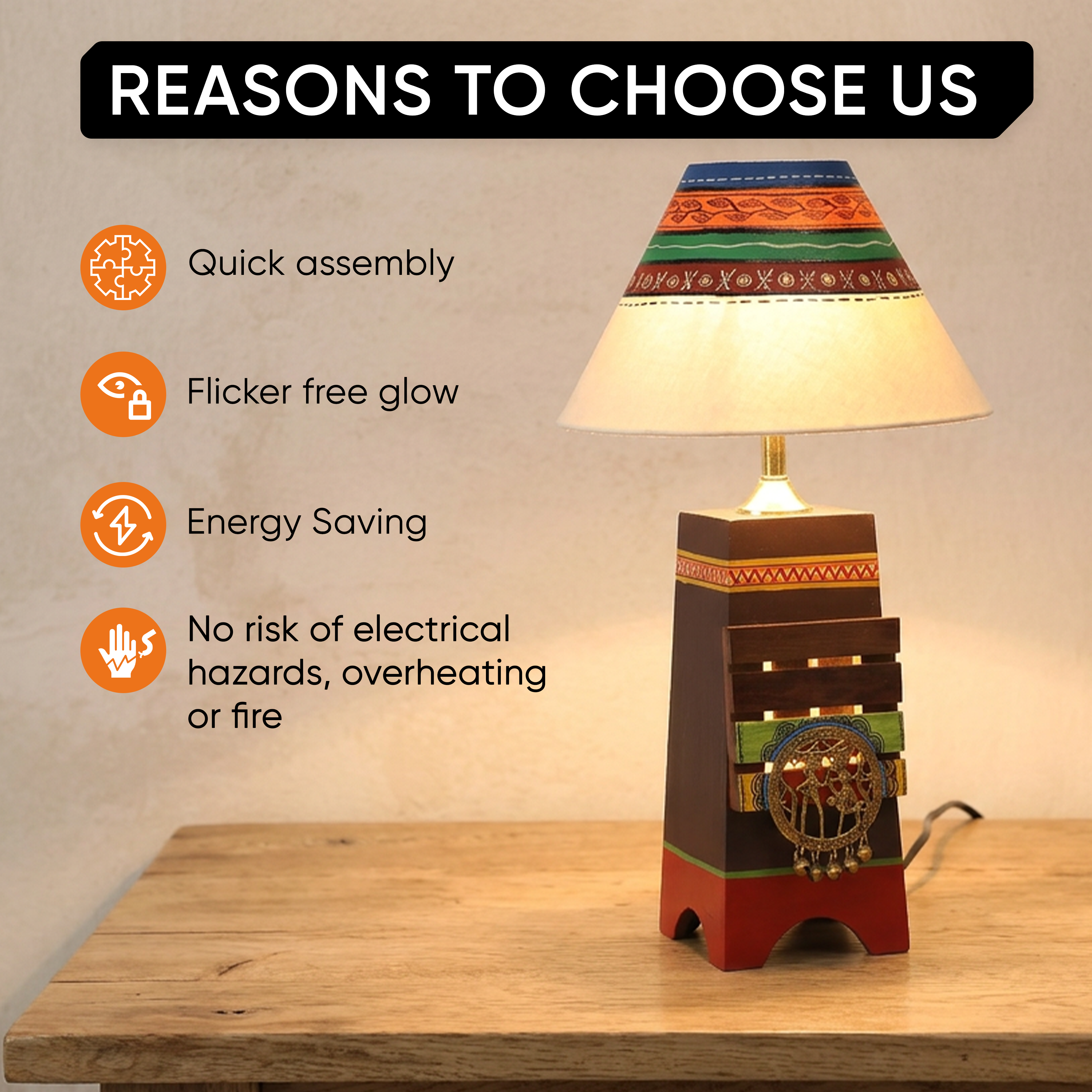 Pyramid wooden Table Lamp in Brown with Brass motifs, decorated with Tribal paintings with white Shade