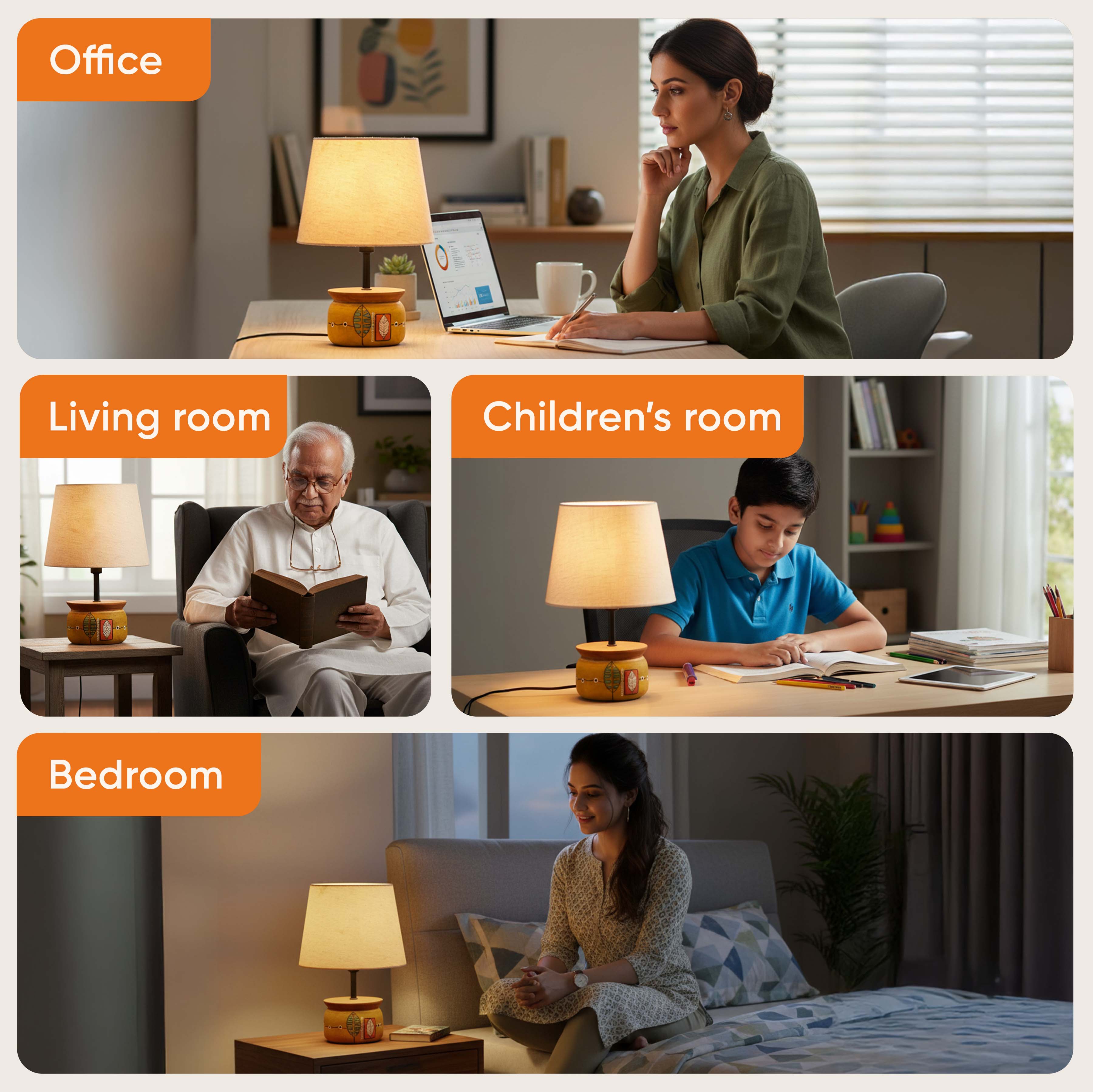 Handcrafted Wooden Table Lamp with Round Base and Fabric Shade, Decorative Bedside and Living Room Lighting