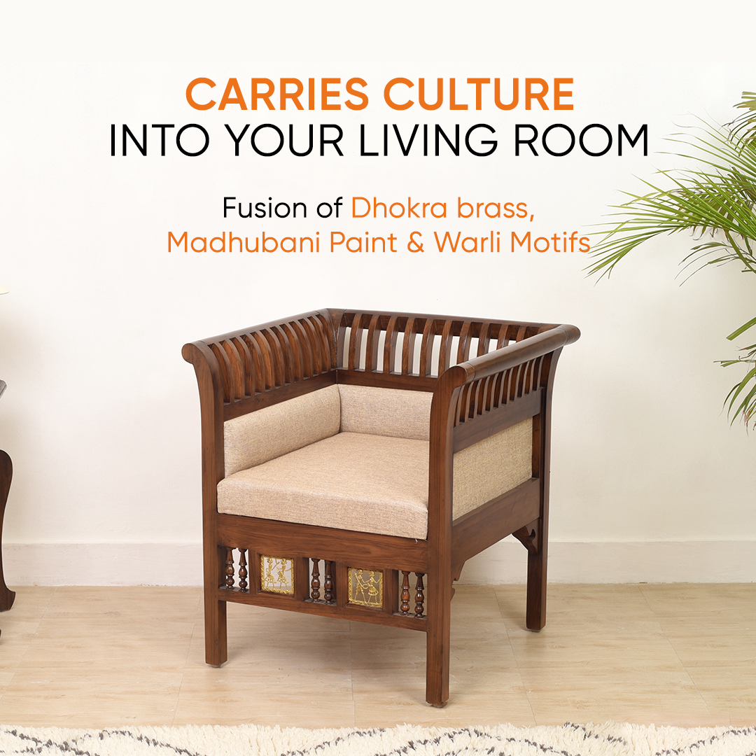 Polo-I Single Seater Sofa in Striped Wood Pattern created in Teakwood with Walnut Finish