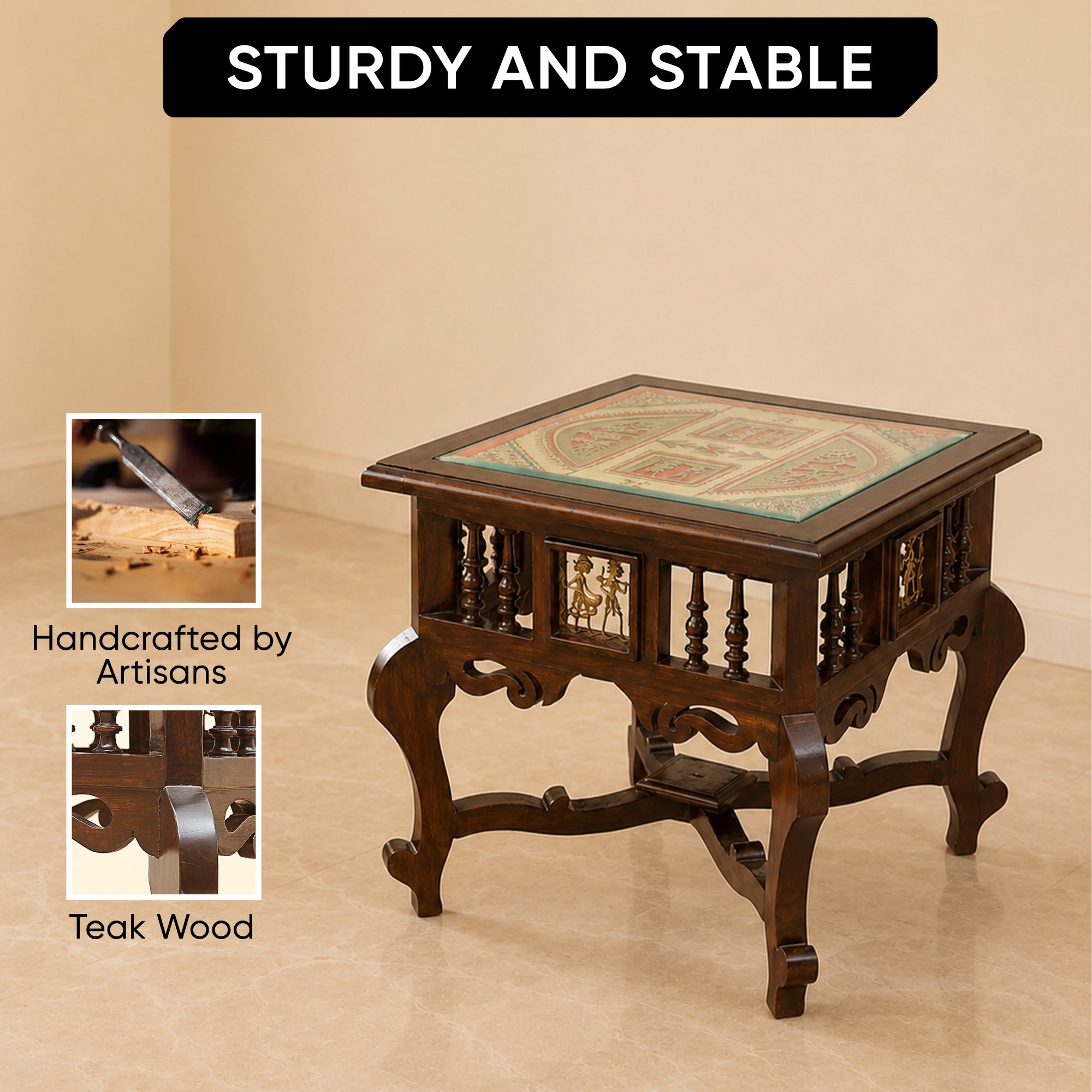 Munich-II Bedside Table with Oriental Legs in Teakwood with Walnut Finish (18x18x18)