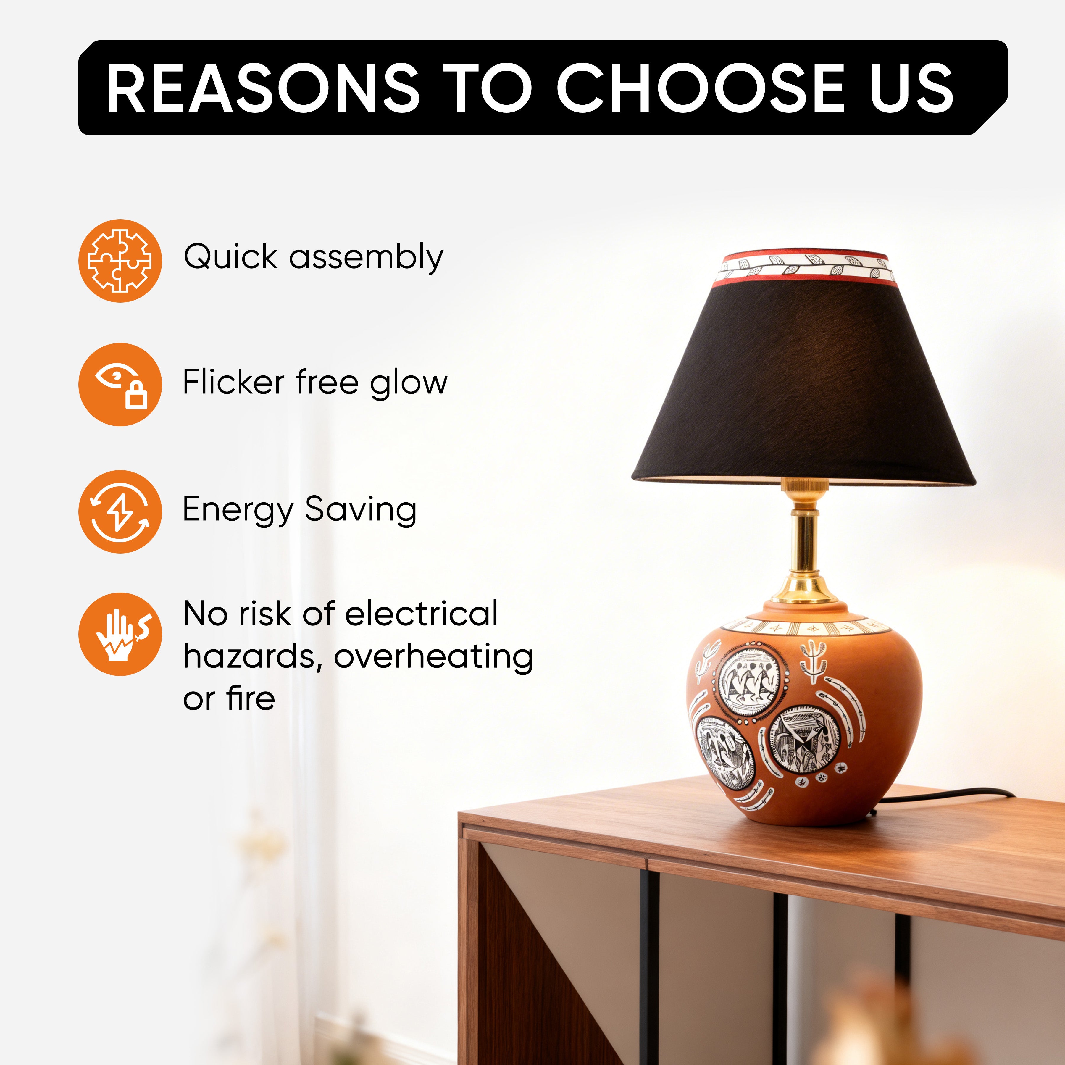 Table Lamp Terracotta Earthen Handcrafted with Black Shade (8.5x5")
