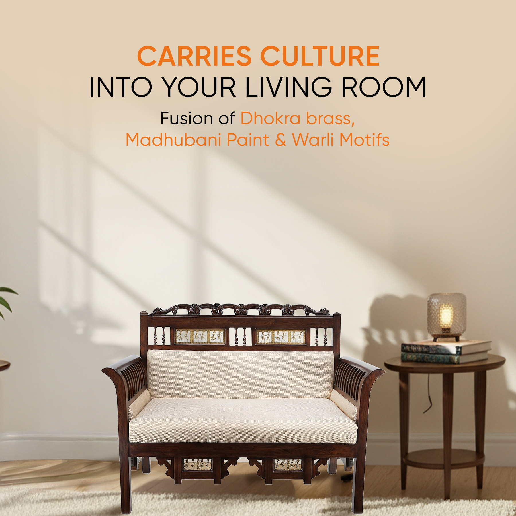 Maharaja Double Seater Sofa in Teakwood with Walnut Finish adorned with Dhokra Brass Frames (51x26x38)