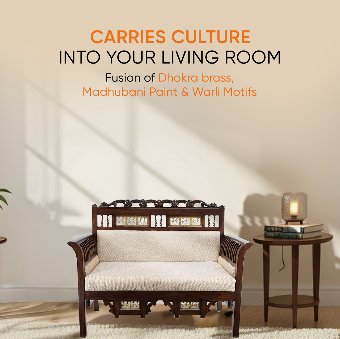 Maharaja Double Seater Sofa in Teakwood with Walnut Finish adorned with Dhokra Brass Frames (51x26x38)