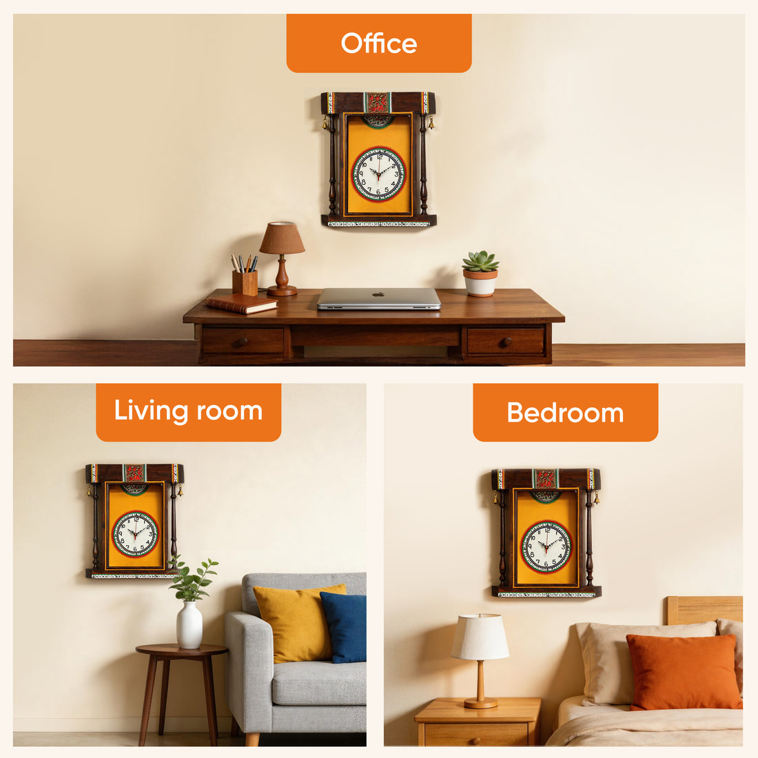 Wall Clock Handcrafted Warli Art Yellow Dial with Glass Frame (14x16)