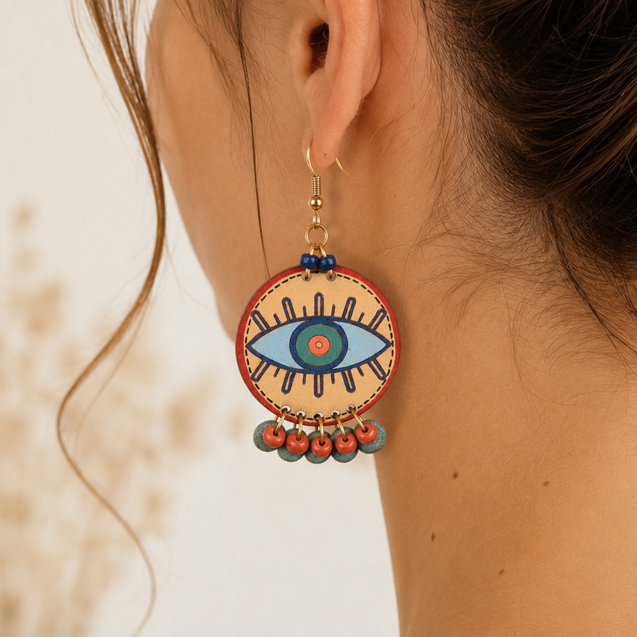 Evil Eye-II' Handcrafted Tribal Wooden Earrings