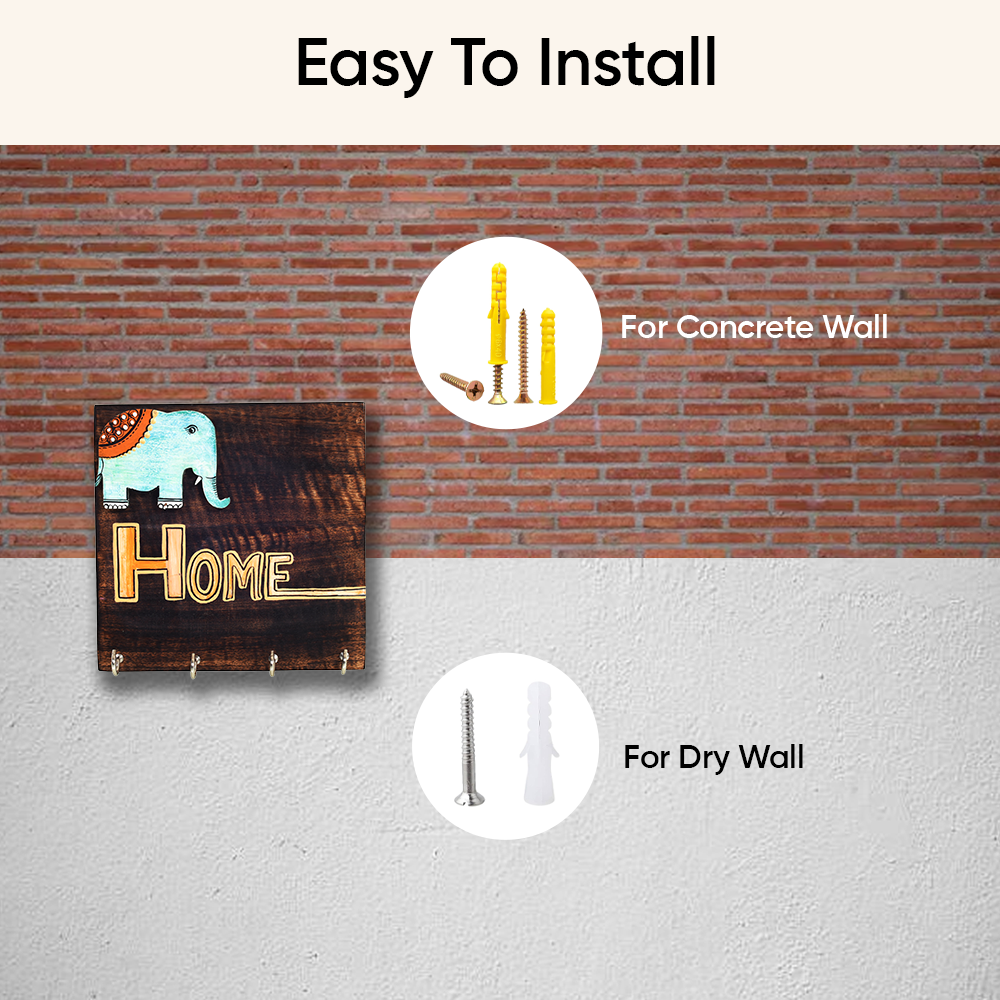 Hola Wooden Key Holder with Hand Painted Elephant and HOME Design, Wall Mounted Key Organizer for Homedecor
