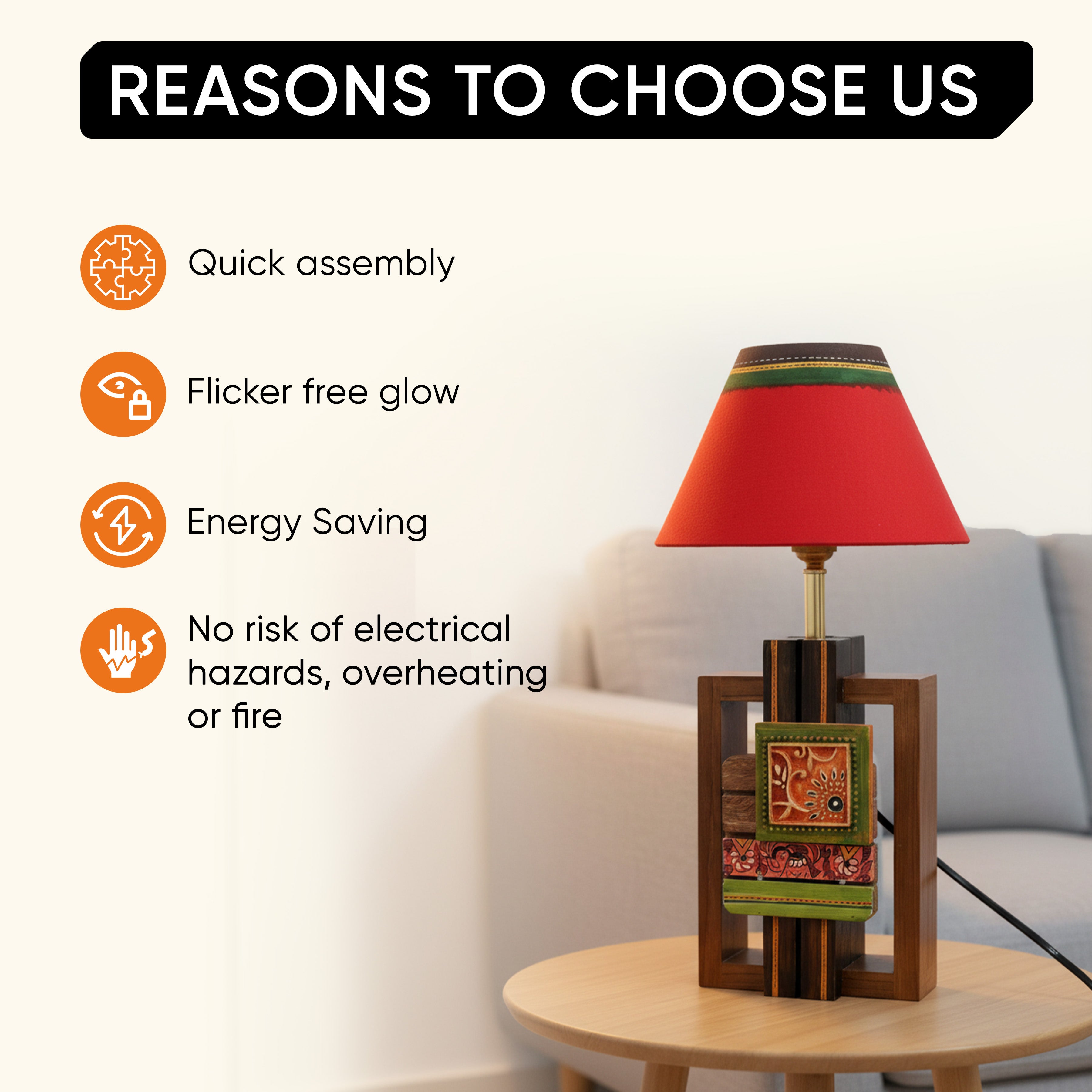 Table Lamp Handcrafted in Wood with Tribal Motifs & White Shade (6x4x12.5")
