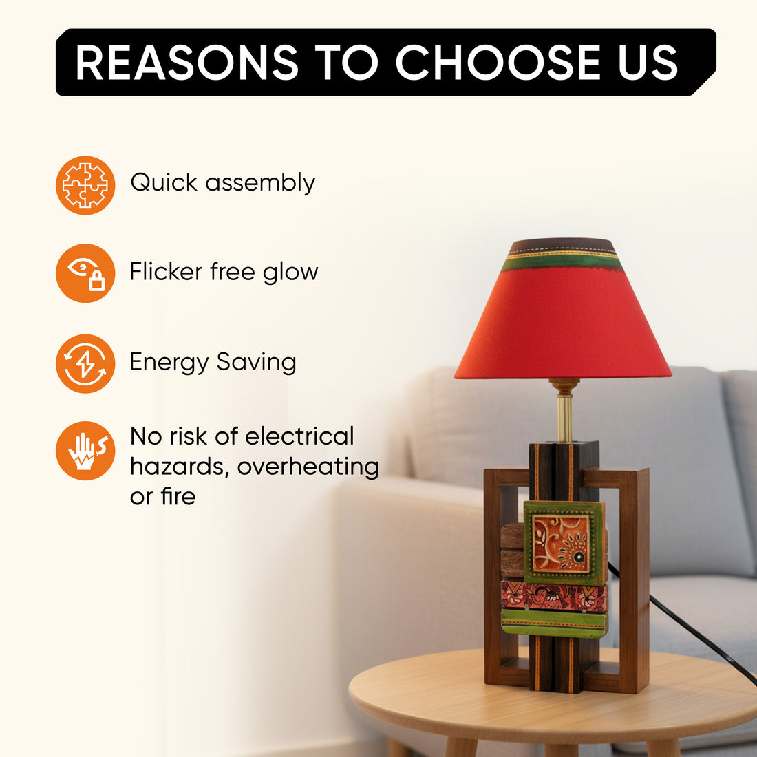 Table Lamp Handcrafted in Wood with Tribal Motifs & White Shade (6x4x12.5")