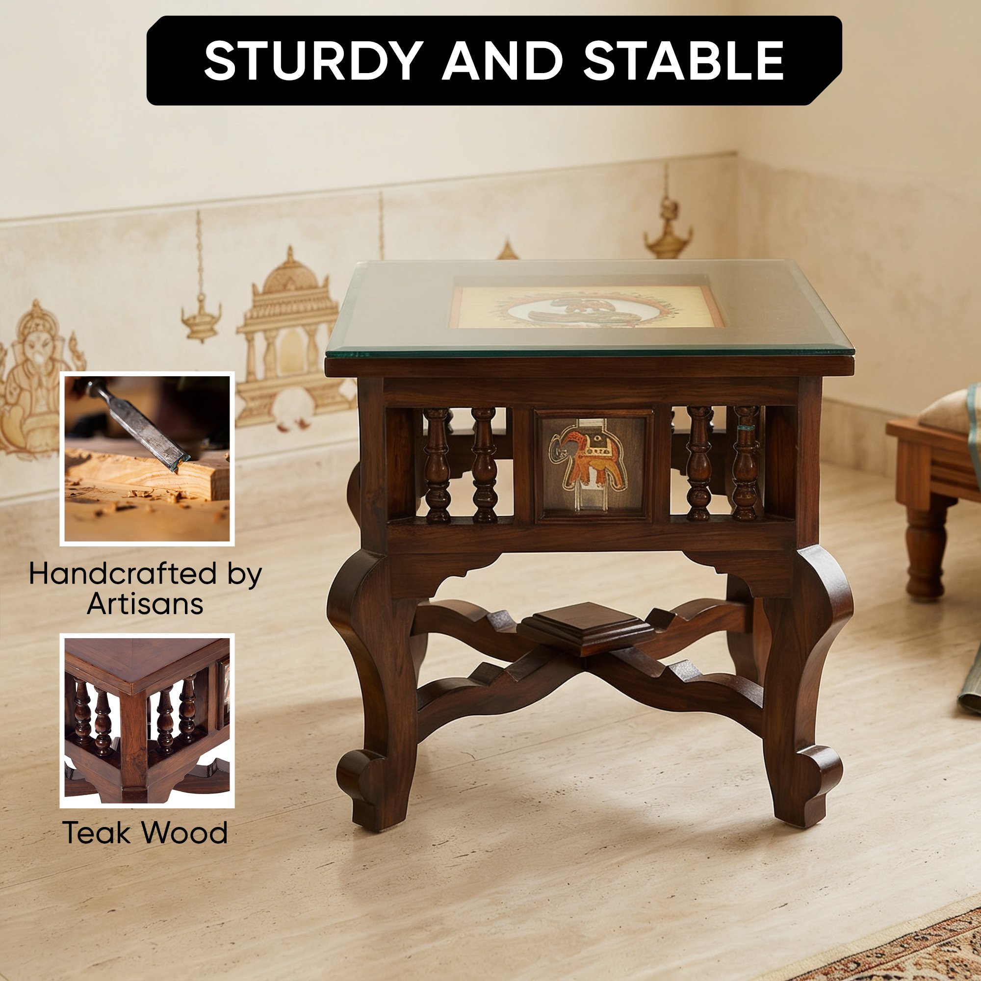 Mahi Bedside Table with Oriental Legs in Teakwood with Walnut Matte Finish
