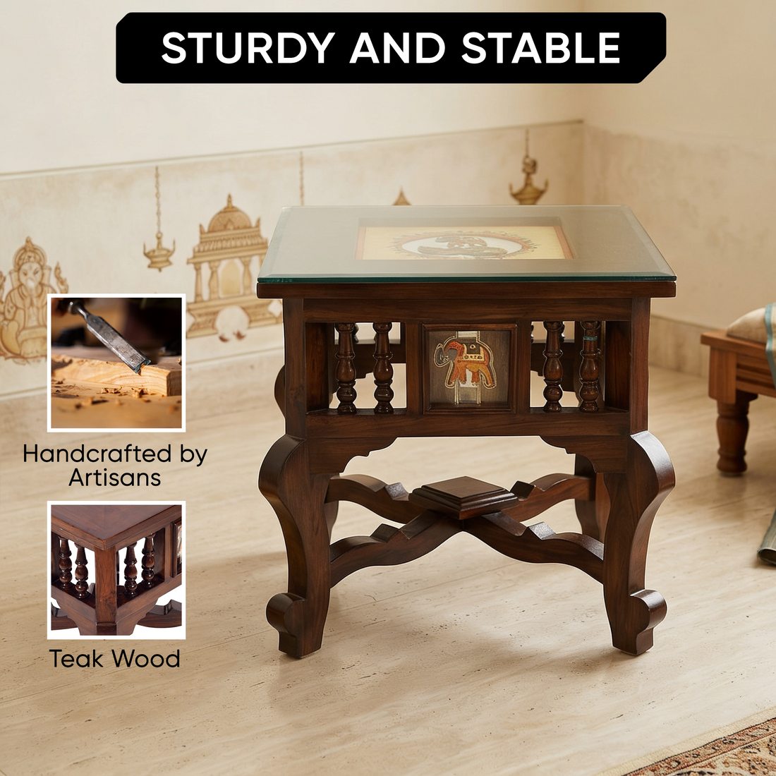 Mahi Bedside Table with Oriental Legs in Teakwood with Walnut Matte Finish