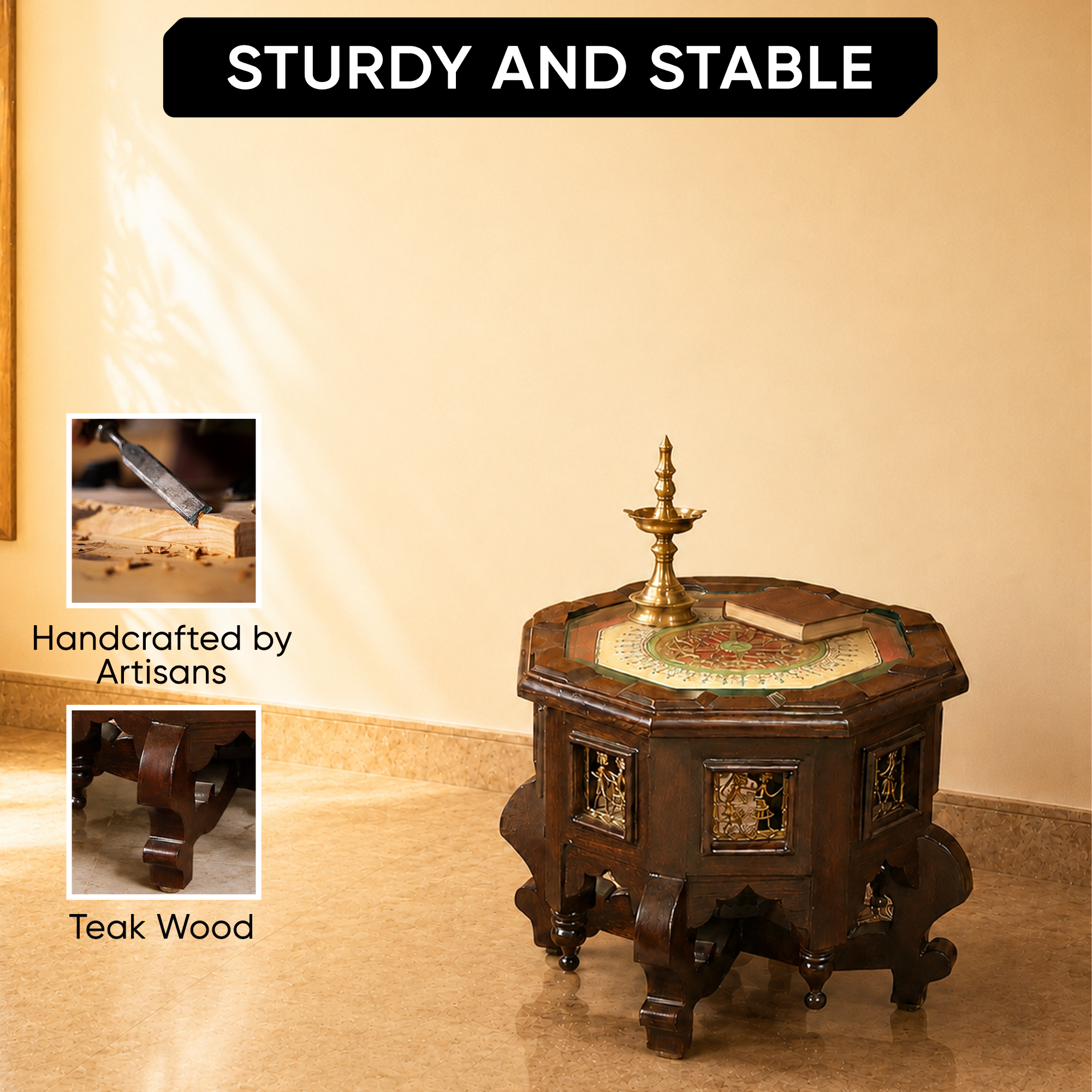 Princess Octagonal Accent Table in Teak Wood with Walnut Finish (15x15x12)