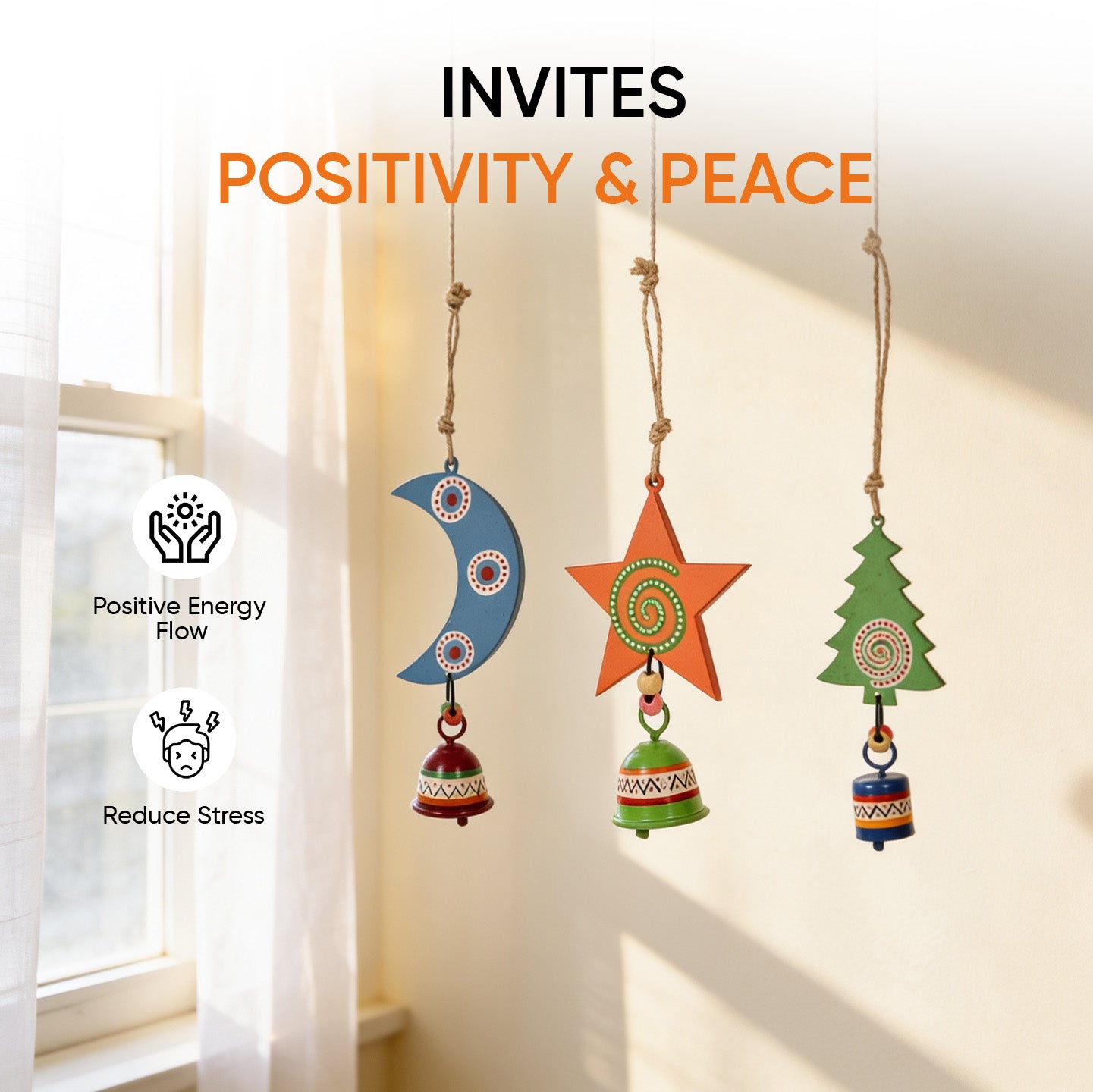 Festive Trio Wind Chime Set ﾖ Moon, Star & Tree