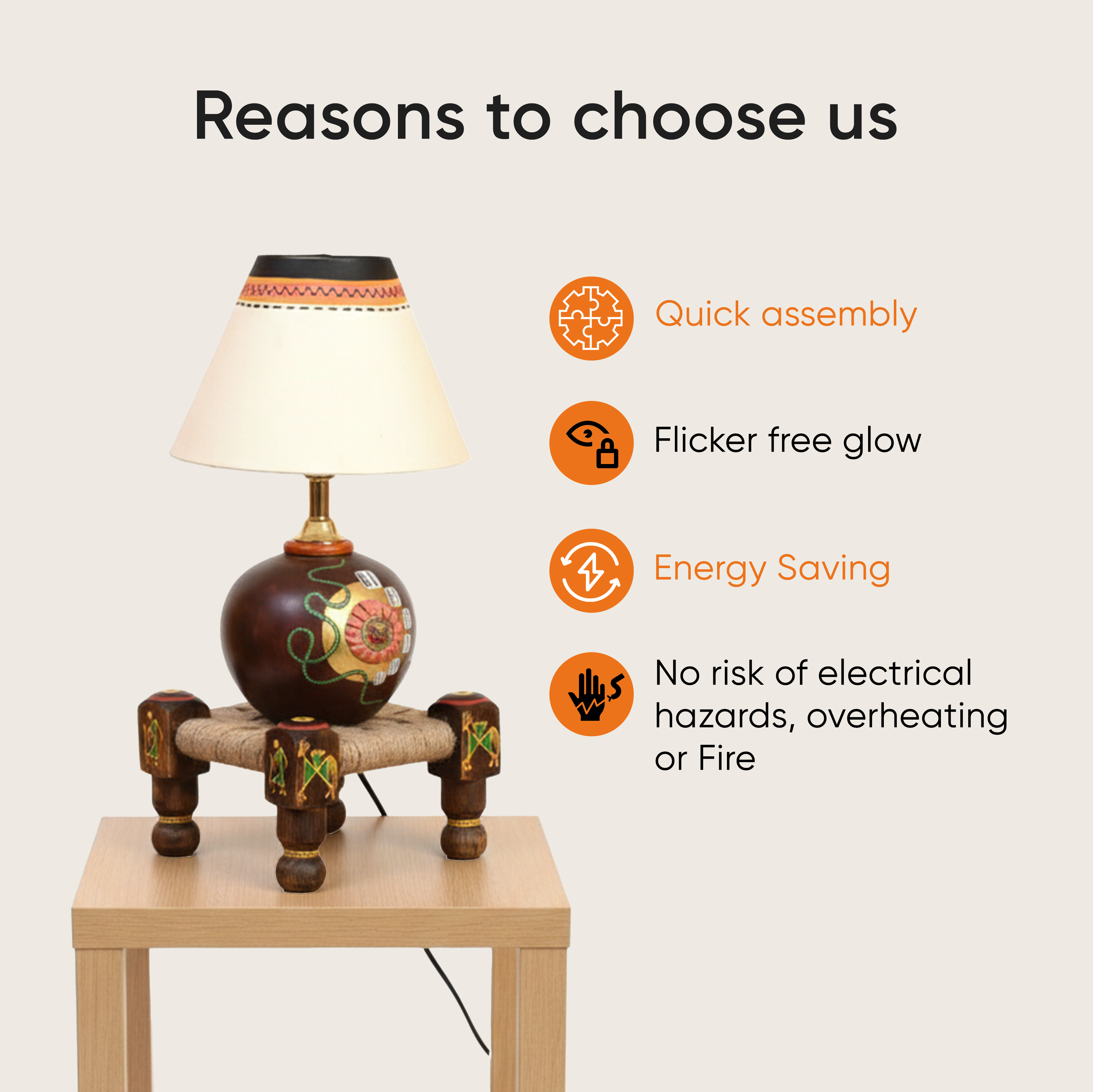 Table Lamp Earthen in Brown Color on Jute Wooden Manji Handcrafted with White Shade (8x8x17)