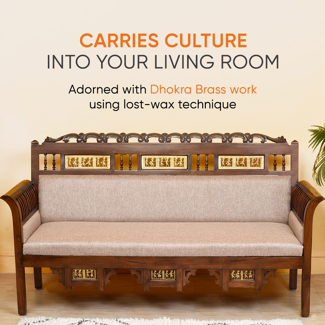 Maharaja Three Seater Sofa in Teakwood with Walnut Finish adorned with Dhokra Brass Frames