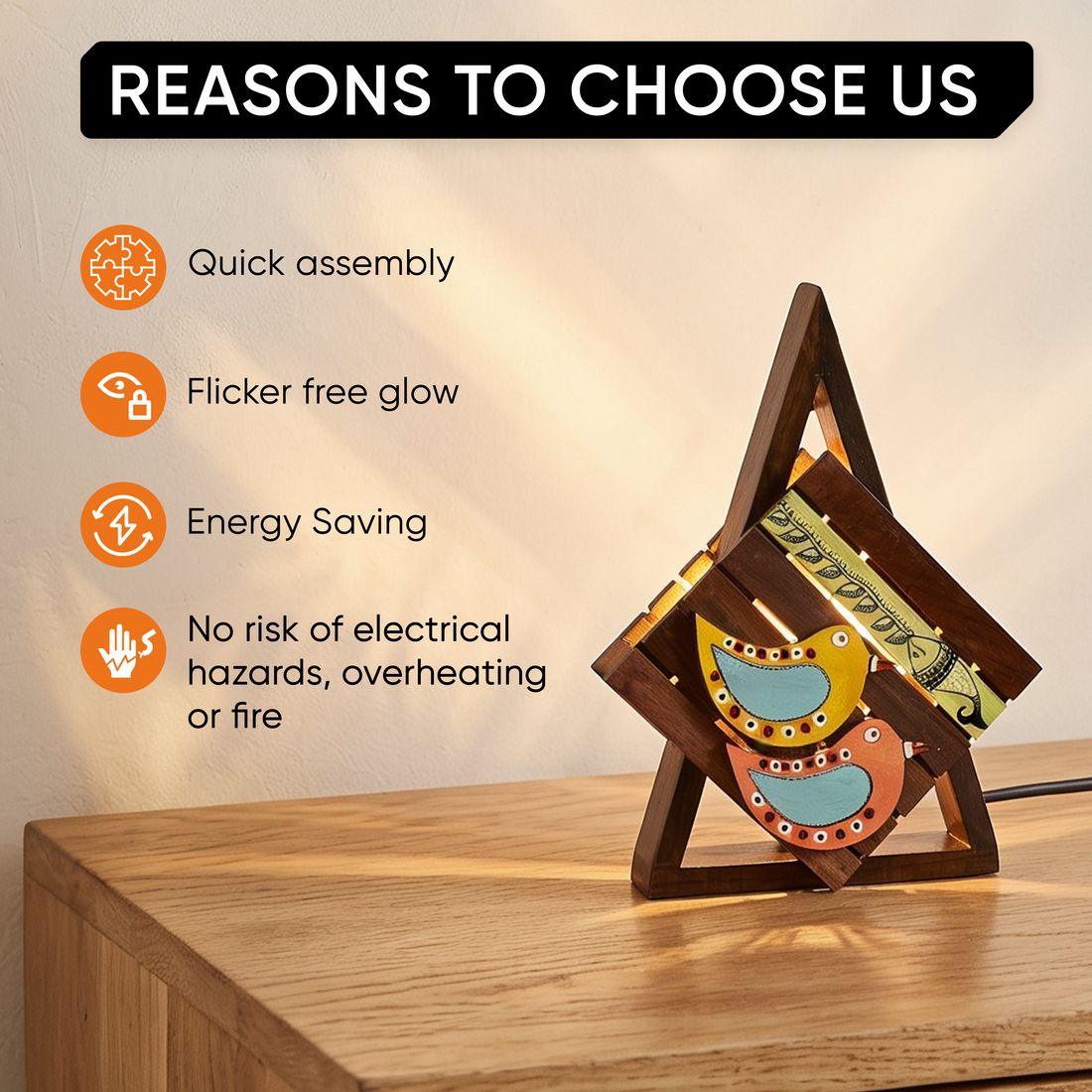 Table Lamp Handcrafted in Wood with Tribal & Bird Motifs (8.4x2.6x12")