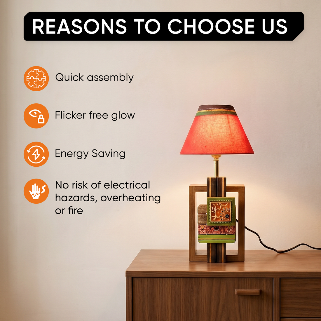 Table Lamp Handcrafted in Wood with Tribal Motifs & Red Shade (6x4x12.5")