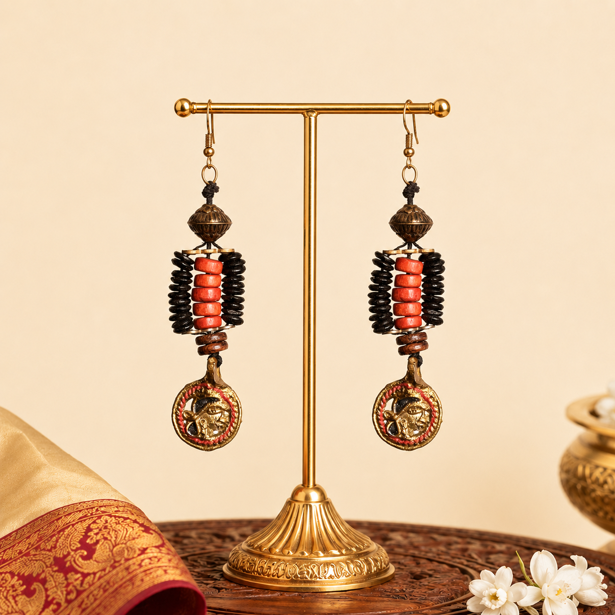 Boho Beauty: Handcrafted Wooden Beaded Earrings with Hanging Brass