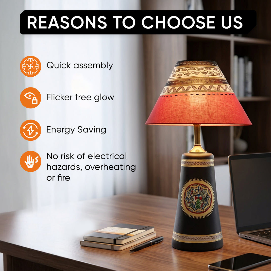 Soma Table Lamp- Hand Painted with warli Art in Black with Red Hand Painted Fabric Shade