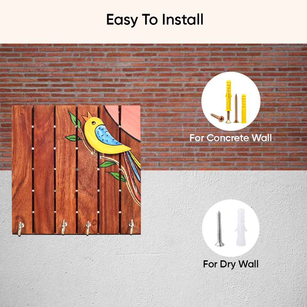 Robin Hand Painted Wooden Key Holder, Wall Mounted Bird Design Key Hanger for Entryway and Homedecor