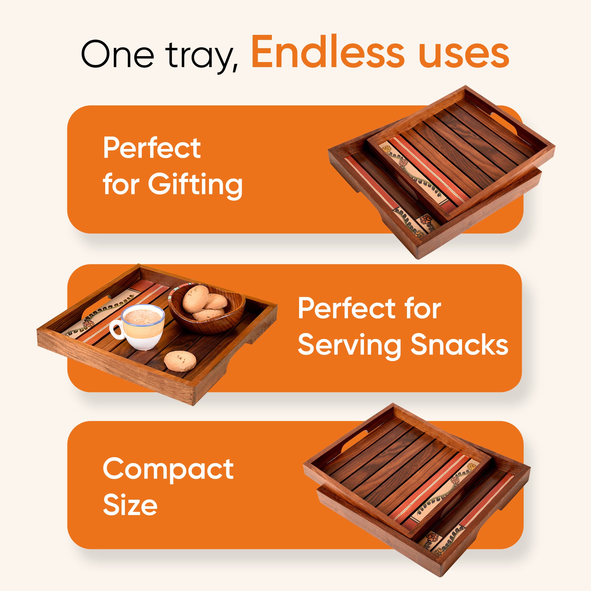Trays with Tribal Art Handcrafted in RoseWood (set of 2) (12x12/10.6x10.6")