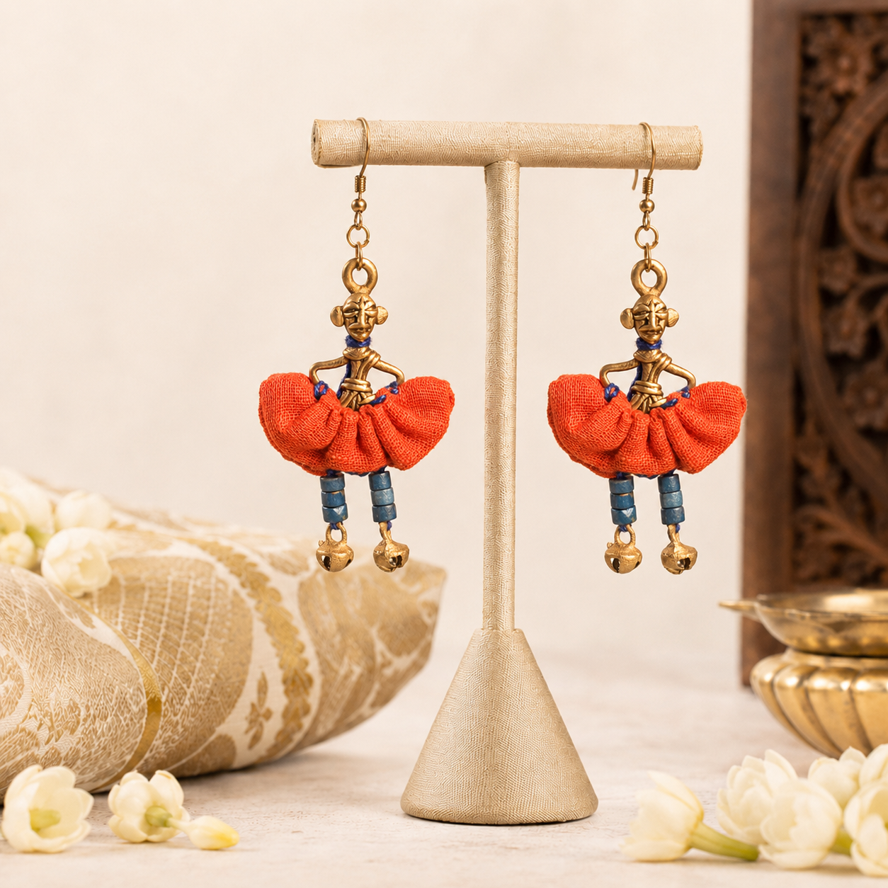 The Dancing Empress Handcrafted Tribal Dhokra Earrings in Garnet Red