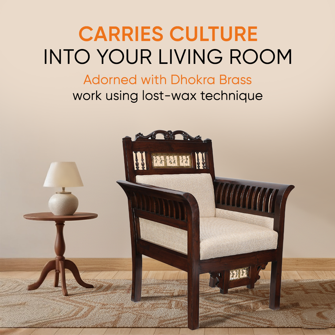 Maharaja Single Seater Sofa in Teakwood with Walnut Finish adorned with Dhokra Brass Frames (30x26x38)